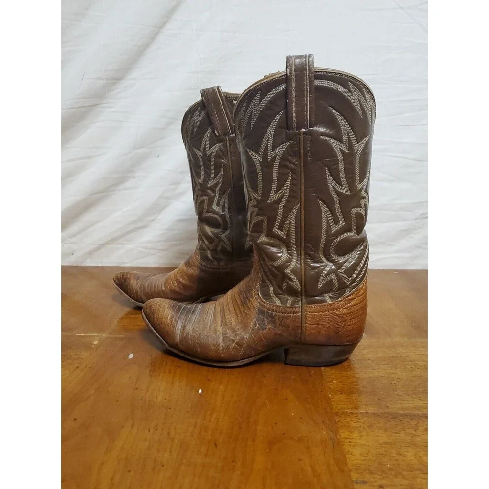 Biltrite Cowboy Western Boots Tan Brown Leather Almond Toe Pull On Mid-calf Sz 6